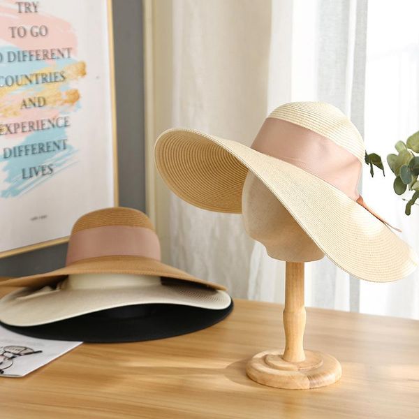 

wide brim hats retro women's summer hat big bow ribbon decoration sun protection cap for girl female beach fashion straw, Blue;gray