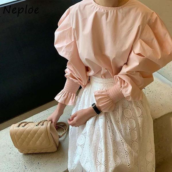 

o neck puff long sleeve womens blouses pullover back lace up bow design solid loose blusas spring shirt feminino, White