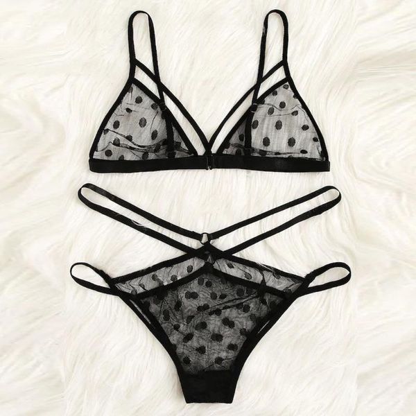 

2pcs women lingerie underwear set lace dot print intimates thongs v-string transparent female bra #w5 bras sets, Red;black