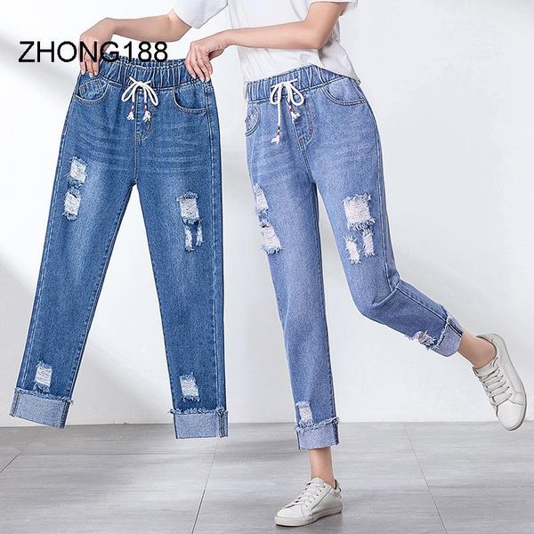 

ripped fashion pant for women oversize harem ankle length trouser office lady elastic waist loose casual denim jeans women's, Blue