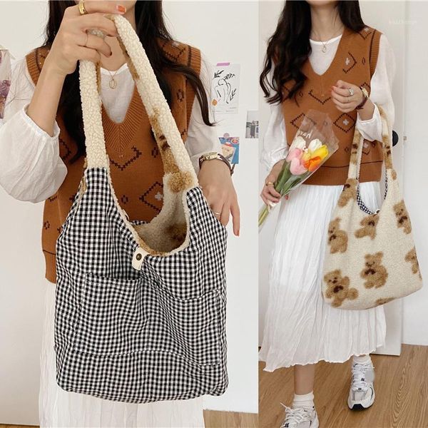 

evening bags women plush shoulder bag warm cloth fabric handbag soft canvas tote large capacity shopping cute bear book for ladies