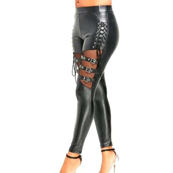 

women's leggings black bandage mid waist pencil pant women faux leather pu long trousers casual mesh hollow out exclusive design fashio