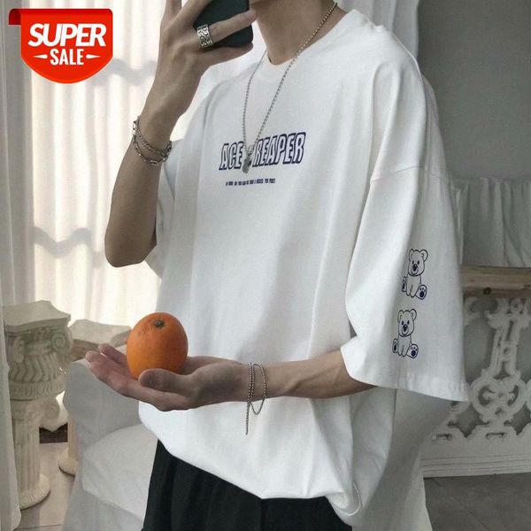 

japanese creative bear print all-match short-sleeved t-shirt male flow large size loose handsome half-sleeved short t #w14f, White;black