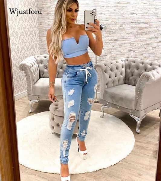 

wjustforu hole ripped jeans for women drawstring pencil pants casual high waist fashion trousers fall 2021 women's, Blue