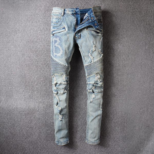 

men's long slim jeans ripped hole designer washed blue demin pants streetwear jeans