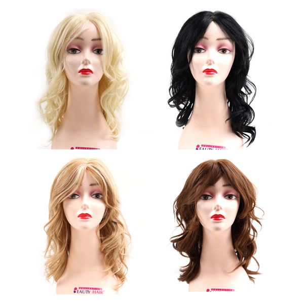

shoulder length nature body wave side swept fringe wig synthetic lace wig with bangs heat resistant wig for women fashion iconfactory direct, Black