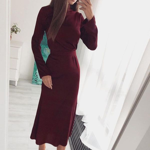 

casual dresses turtleneck bodycon dress woman solid autumn for women 2021 mid-calf long sleeve sashes ladies, Black;gray