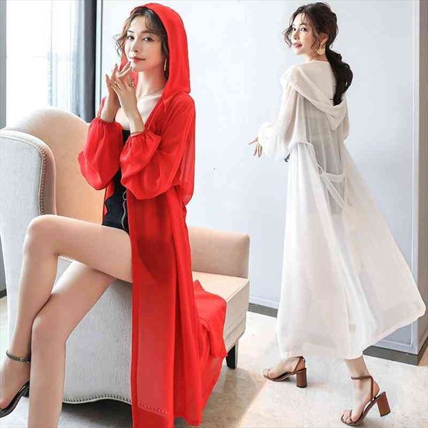 

women blouse summer puff sleeve simple loose chiffon shirt white kimono cardigan hooded long kimono ladies sun-protective