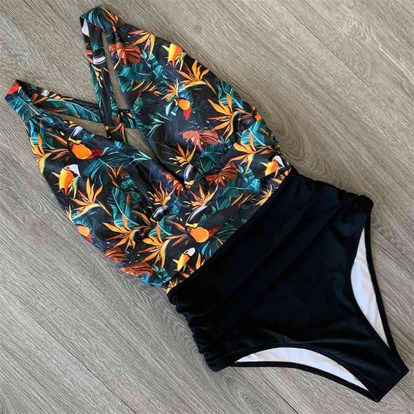 

swimsuit female floral women swimwear push up bathing suits bodysuits beach wear deep v-neck ruffle monokini 210615, White;black