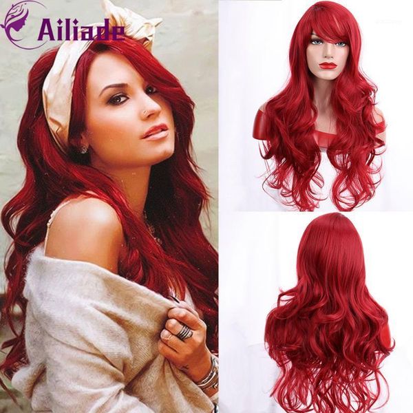 

trendy long wavy synthetic hair wigs with bangs red color heat resistant fiber for women african american party cosplay1, Black