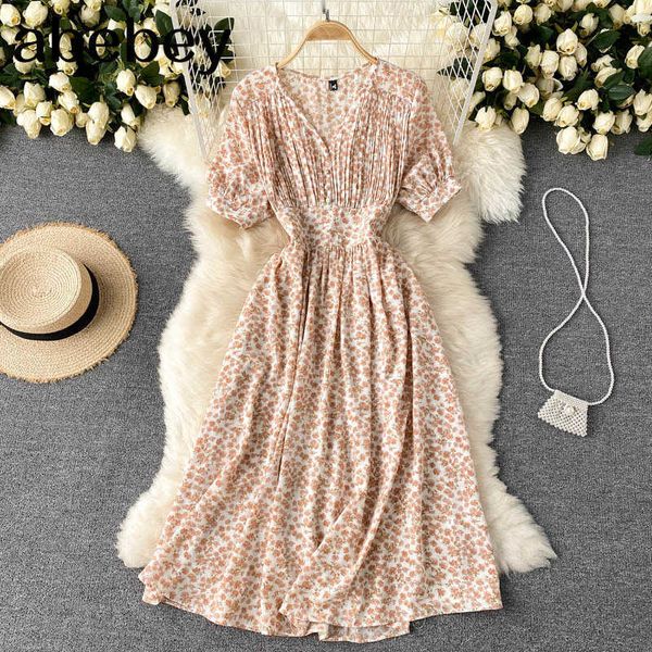 

dresses for women elegant vintage floral print chiffon midi dress v neck short sleeve button casual summer dress 210715, Black;gray