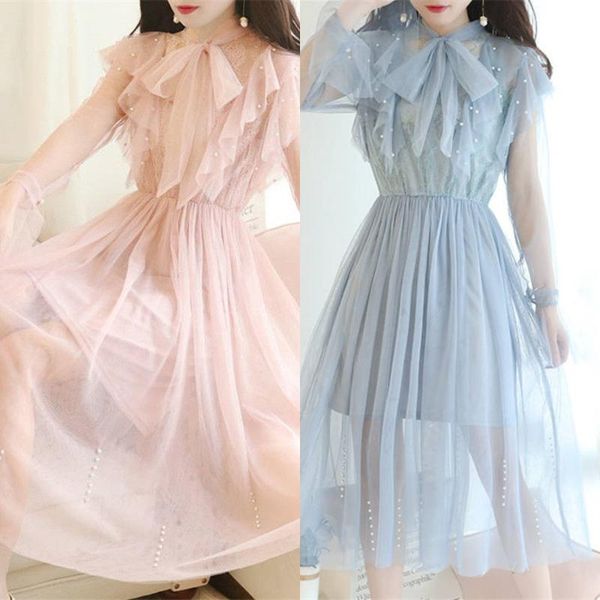 

summer spring women's sweet bow neck sleeve ruffles mesh dress female elegant beading lace a-line long dresses casual, Black;gray