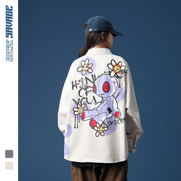 

trend graffiti print lapel long sleeve shirt youth korean loose shirt men's and women's spring and autumn, White;black