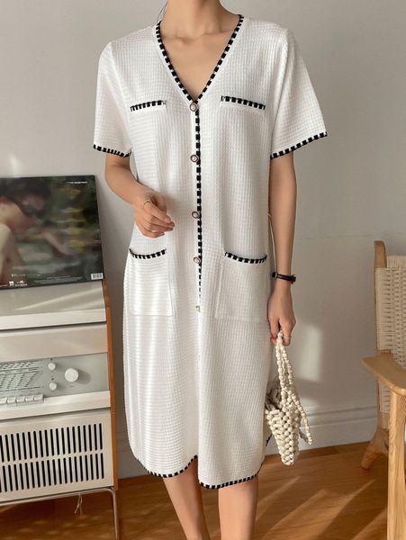 

dazy contrast trim patched pocket waffle knit sweater dress t4le#, Black;gray