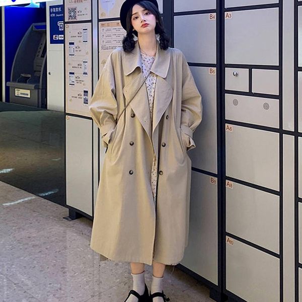 

women's trench coats office lady double breasted fall woman lace up slim waist autumn long coat 2021 solid all match windbreaker female, Tan;black