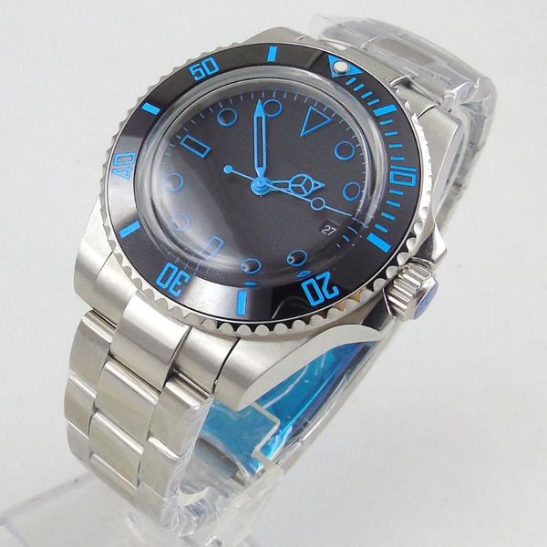 

wristwatches 40mm black sterile dial domed glass ceramic bezel blue number date miyota 8215 movement automatic mens watch, Slivery;brown