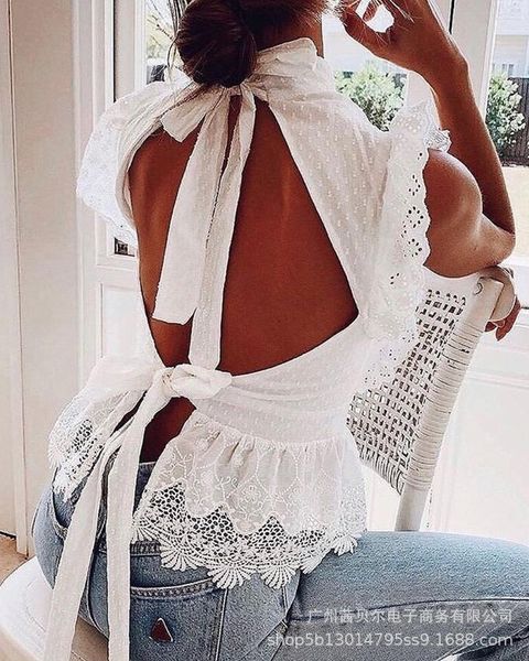 

women's blouses & shirts women white lace stitching backless up blouse sleeveless ruffles solid color fashion casual