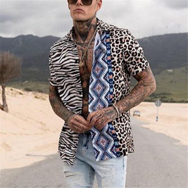 

men's casual shirts mens fashion lapel 2021 summer loose trend printed shirt cardigan short sleeve for men, White;black