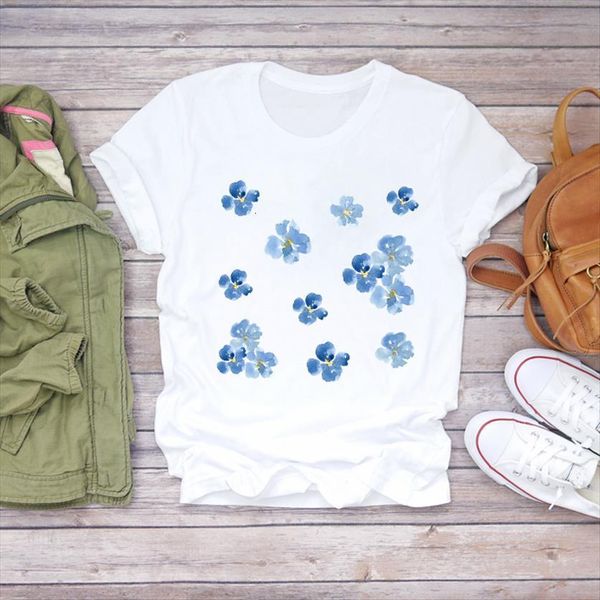

flower watercolor floral short sleeve womens clothing summer graphic female ladies tee, White
