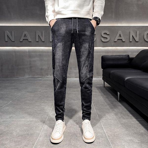 

men's jeans 2021 casual men korean style straight slim cotton ankle-length denim plus size fit all-match, Blue