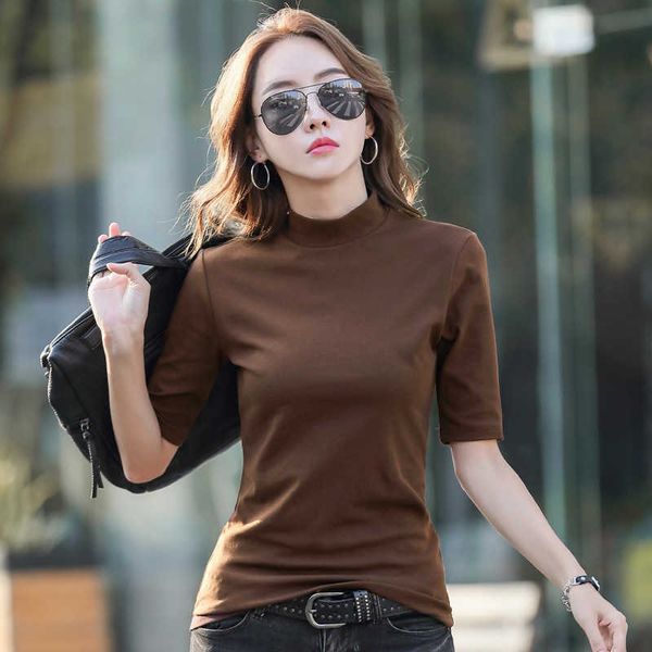 Meia Turtleneck Mulheres Algodão Camiseta Verão Tops Sólido Básico Básico Roupas Coreanas Manga Curta Tshirt Feminino Tee Femme 210615