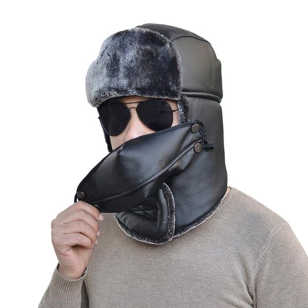 

winter warm men's hat plus thick windproof bomber hats with ears women's fur earmuffs beanie caps ski cap(black) cycling & masks