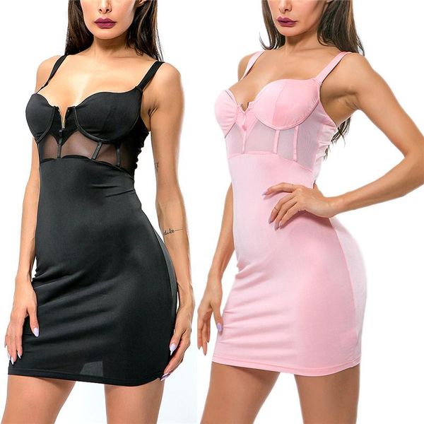 

fashion trend women club party mesh dress sling sleeveless v-neck wrapped zipper summer girl mini see through casual dresses, Black;gray