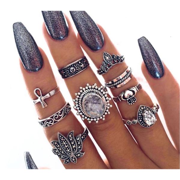 

hand decoration creative lotus cross ring 9-piece joint ring set, Blue;gray