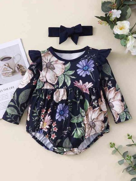 

baby floral print ruffle trim bodysuit with headband she, Blue