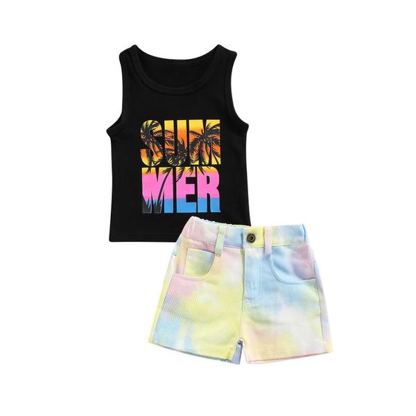 

clothing sets 2pcs sweet style little girls outfit, summer letter coconut tree printing sleeveless round collar vest + colorful denim shorts, White