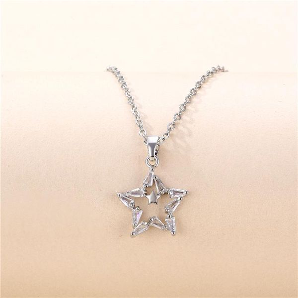 

chains fashion necklace hollow five pointed star female titanium steel personalized diamond inlaid pendant clavicle chain, Silver