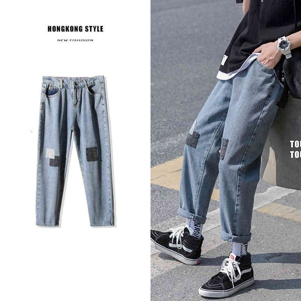 

men's jeans spring and summer hong kong style nine cent male fashion hole drop sensation straight tube trend casual pants, Blue