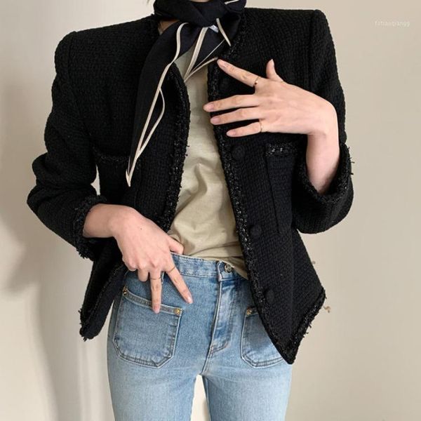 

women's jackets vintage tweed cardigan elegant stylish veste femme long sleeve chic outerwear women autumn spring plaid buttons jacket, Black;brown