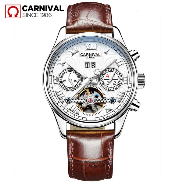 

carnival skeleton mechanical watch men hollow fashion luxury leather automatic male clock relogio masculino sapphire, Slivery;brown