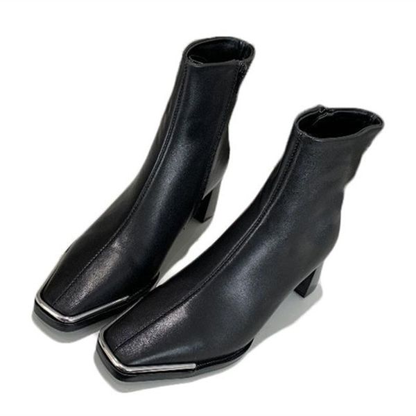

boots women luxury high heels zipper metal decoration square toe mature party oriental fashion ankle concise quality, Black