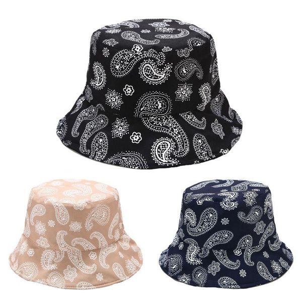 

summer boho paisley floral print bucket hat two sides reversible wide brim sun protection panama fisherman cap hats, Blue;gray