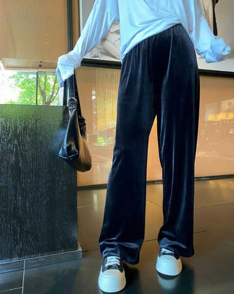 

women's pants & capris autumn winter high waist elastic women velour solid black oversized long loose straight trousers draping casual, Black;white