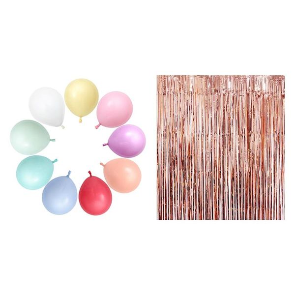 

party decoration 1 pack of 100 macaron balloons 12 inch round & 1pc 1x3m thick rain silk curtain rose gold
