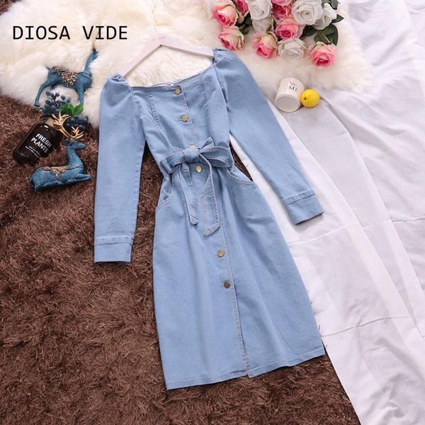 

casual dresses temperament one-neck long-sleeved wild mid-length single-breasted denim dress female 2021, Black;gray