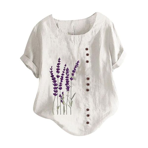 

women's t-shirt women lavender flowers printed cotton and linen loose casual shirts comfy in stock, White