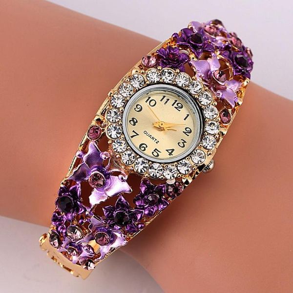 

wristwatches women watch alloy crystal bracelet flower wrist clock quartz watches with rhinestone, Slivery;brown
