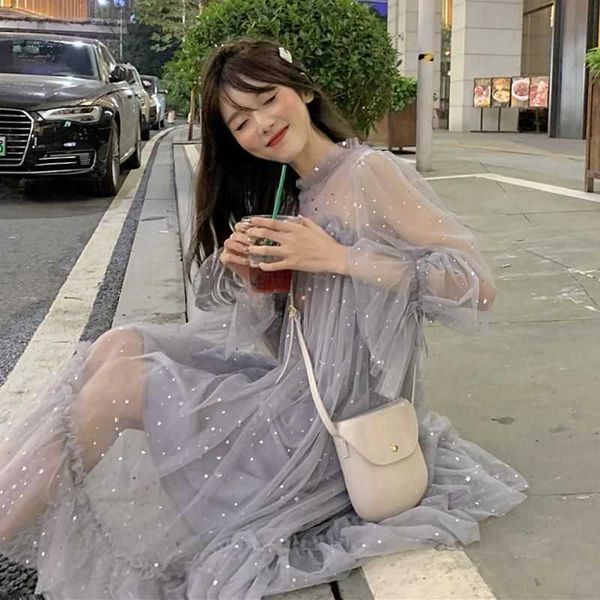 

beautiful fairy french niche sequined mesh dress women's skirt mid-length temperament high street cute girl streetwear 210526, Black;gray