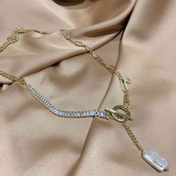 

chain women pendants real gold electroplated korean fashion personalized pearl zircon t-shaped necklace net red temperament design, Silver