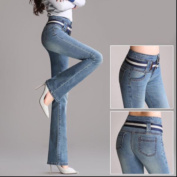 

spring womens jeans and autumn high waist micro la women stretch the abdomen bell pants large size slim straight wide, Blue