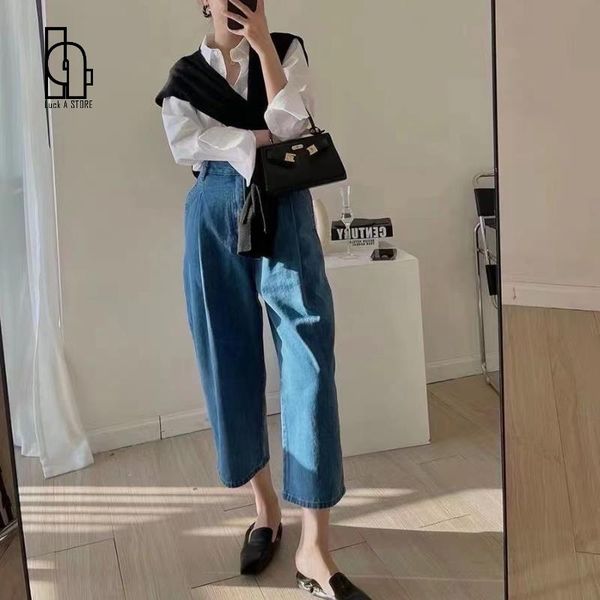 

women's jeans luck a women summer high waist loose harem denim pants casual banana trousers ankle length, Blue