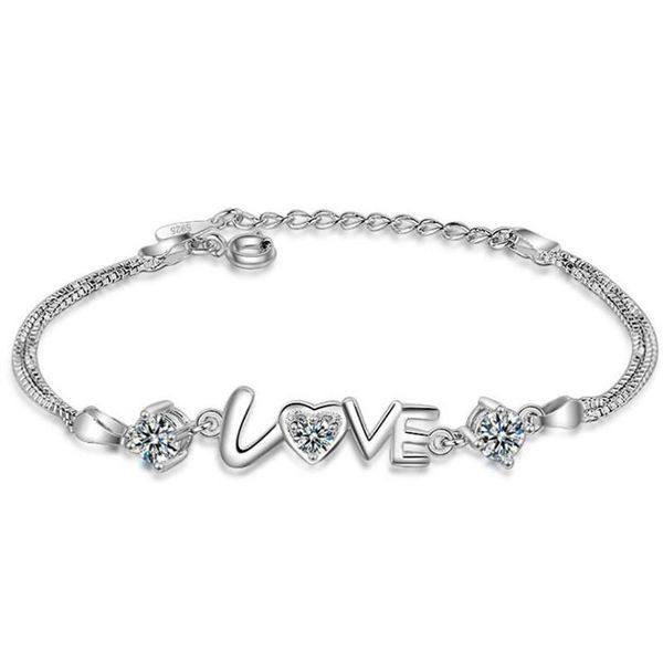 

charm bracelets sweet beautiful fashion jewelry 925 sterling silver simple two colors crystal letter love heart shaped bracelet b76, Golden;silver