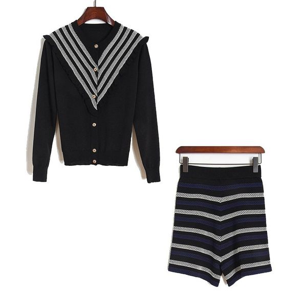 

knits two piece women cardigan and matching sets hit colors striped knitted sweater coat + shorts pants set, White