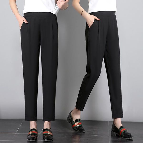 

women's pants & capris summer loose chiffon casual plus size straight high waist wide leg korean fashion black trousers, Black;white