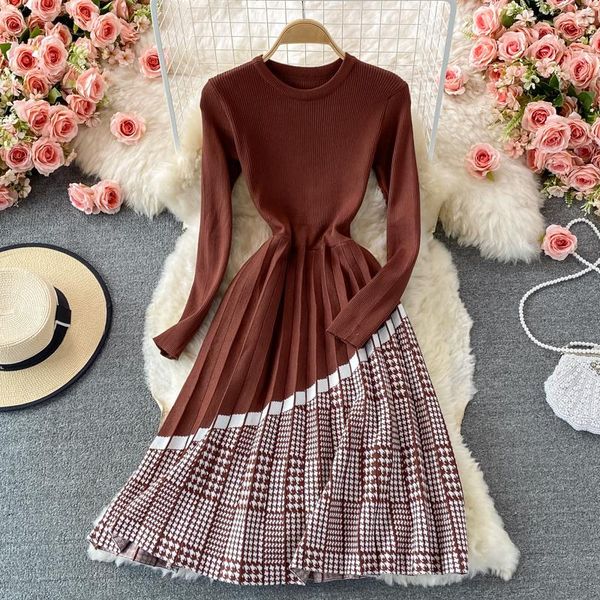 

casual dresses knitted dress 2022 pleated long sleeve autumn winter woman patchwork sweater party for women 2021 vintage clothes, Black;gray