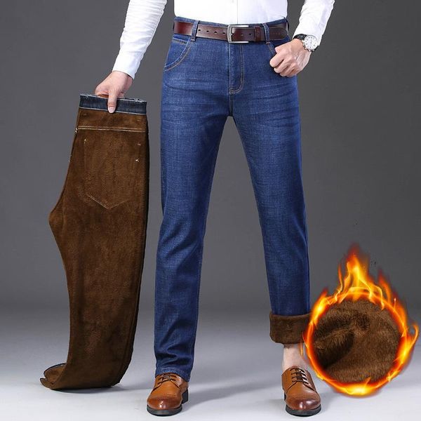 

men's jeans winter warm men streetwear straight plush mens casual pants elasticity denim trousers clothing plus size 28-40, Blue